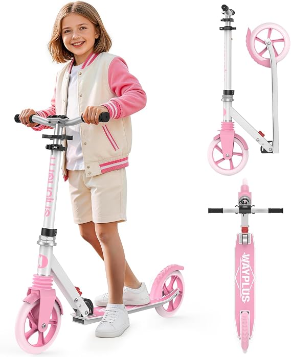 WAYPLUS Kick Scooter for Ages 6+,Kid,Teens & Adults.8 Big Wheels,240lb | One-button Fold, Lightweight, 4 Adjustable Height,Bearing ABEC9,20"Wide Handle bar,Front Suspension,Rear Brake,Carry Strap