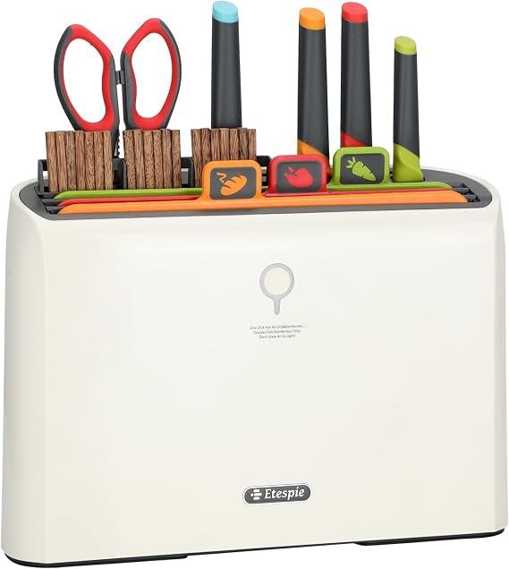 Smart Cutting Board and Knife Set,Self Cleaning Cutting Board and Knife Set with 4 Stainless Steel Knives,3 Color Coded Cutting Boards,10 Pairs of Chopsticks and 1 Pair of Scissors