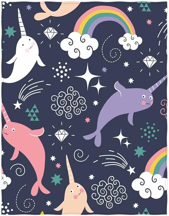 QH 58 x 80 Inch Narwhal Unicorn Fish Pattern Super Soft Throw Blanket for Bed Couch Sofa Lightweight Travelling Camping Throw Size for Kids Adults All Season