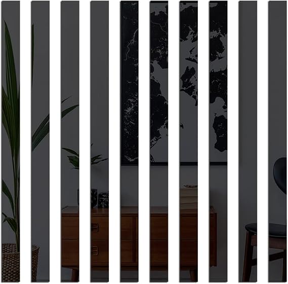 10Pcs Acrylic Mirror Tile Strips Self Adhesive Mirror Wall Stickers Wall Art Decals Lines for Living Room TV Background Ceiling Home Decor, Black, 0.4" x 7.9"