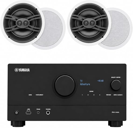 YAMAHA RX-V4A 5.2-Channel AV Receiver with MusicCast with Yamaha NS-IW280CWH 6.5"" 3-Way in-Ceiling Speaker System (White, Pair)