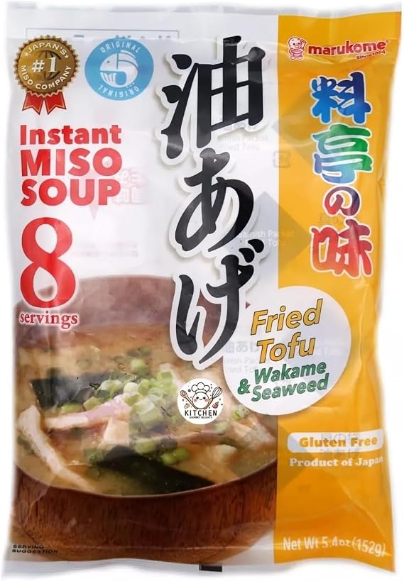 Marukome Instant Ryoutei-No-Aji Miso Soup Original 152g 8 servings with Chunks, Made in Japan, Gluten-Free, No MSG (Pack 1, Aburaage Fried Tofu & Wakame seaweed)