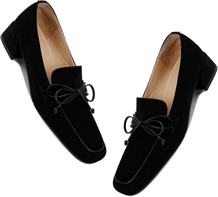 MOOMMO Women Chunky Low Heel Loafers Bow Suede Slip On Closed Square Toe Loafer Shoes Oxfords Comfort 1" Block Heels Dress Shoes Pumps Office Work Pumps Retro Casual Chic 4-11 M US