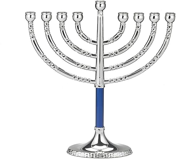 Rite Lite LTD MP-74-BL Classic Elegance Menorah Silvertone with Blue Accents Hammered Accents