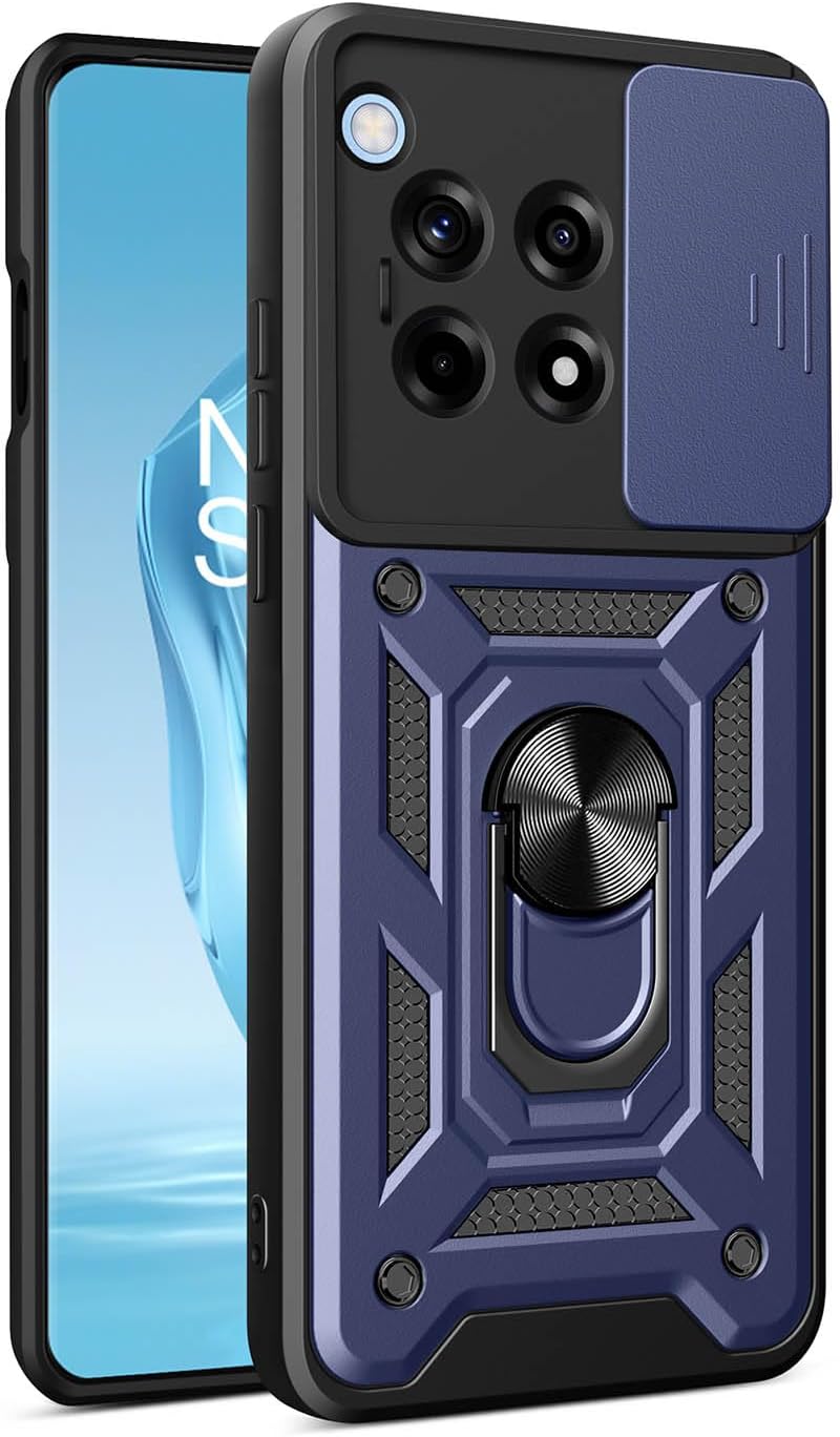 ILING Case for OnePlus 12R 5G, Ultra-thin Matte Texture Hard PC + Soft Silicone TPU Bumper Shockproof Heavy Duty Cover, with Ring Kickstand & Slide Camera Cover (Blue)
