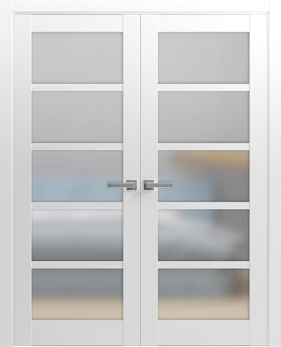 SARTODOORS Interior French Doors 60 x 96 inches | Quadro 4002 White | Double Swing Doors | Frosted Glass MDF Hardware Included Modern | Living Room Office