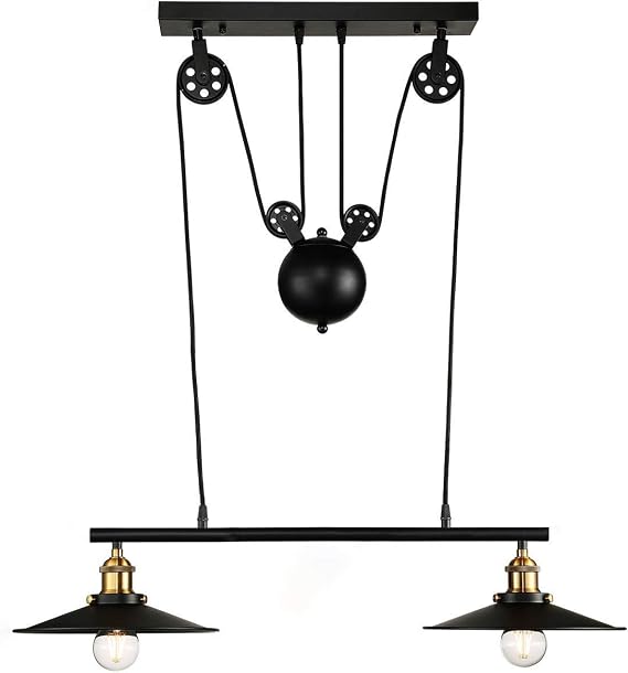 Pendant Lighting Industrial Pulley 2 Light Pool Table Lighting Fixtures Adjustable Height Ceiling Hanging Lamp Rust Linear Chandelier Vintage Island Lights for Kitchen in Black