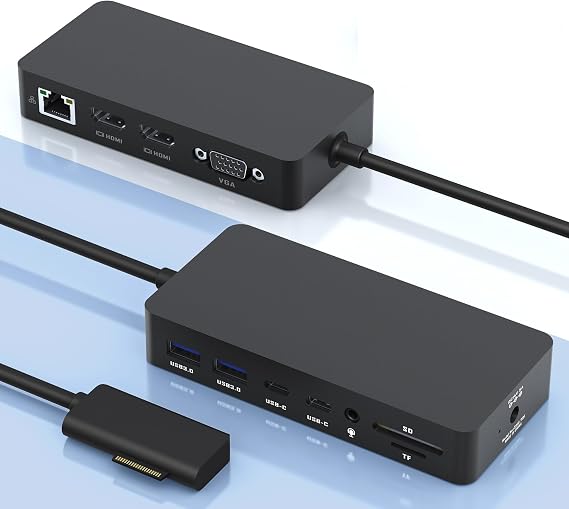 Surface Pro Docking Station with Triple Displays 2 HDMI+VGA, 12 in 1 Surface Dock for Surface Pro 11/10/9/8/X/7/6/5/4/3, Surface Laptop 6/5/4/3/2/1, Surface Laptop Go 3/2/1, Surface Book