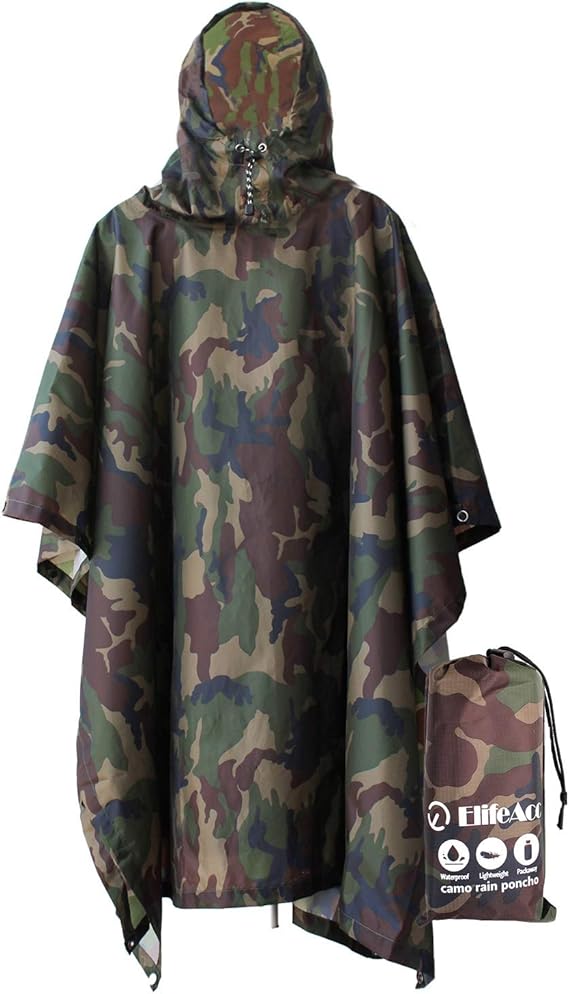 ElifeAcc Waterproof Adult Rain Poncho–Lightweight Packable Cape for Hiking&Festivals Reusable Military Camo Tarp Usable as Emergency Shelter Ground Sheet