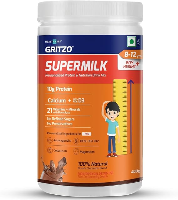 ATS Supermilk Height+ for 8-12Y Boys,Personalized Health Drink for Kids,High Protein (10 G) with Calcium + D3,21 Vitamins&Minerals,Zero Refined