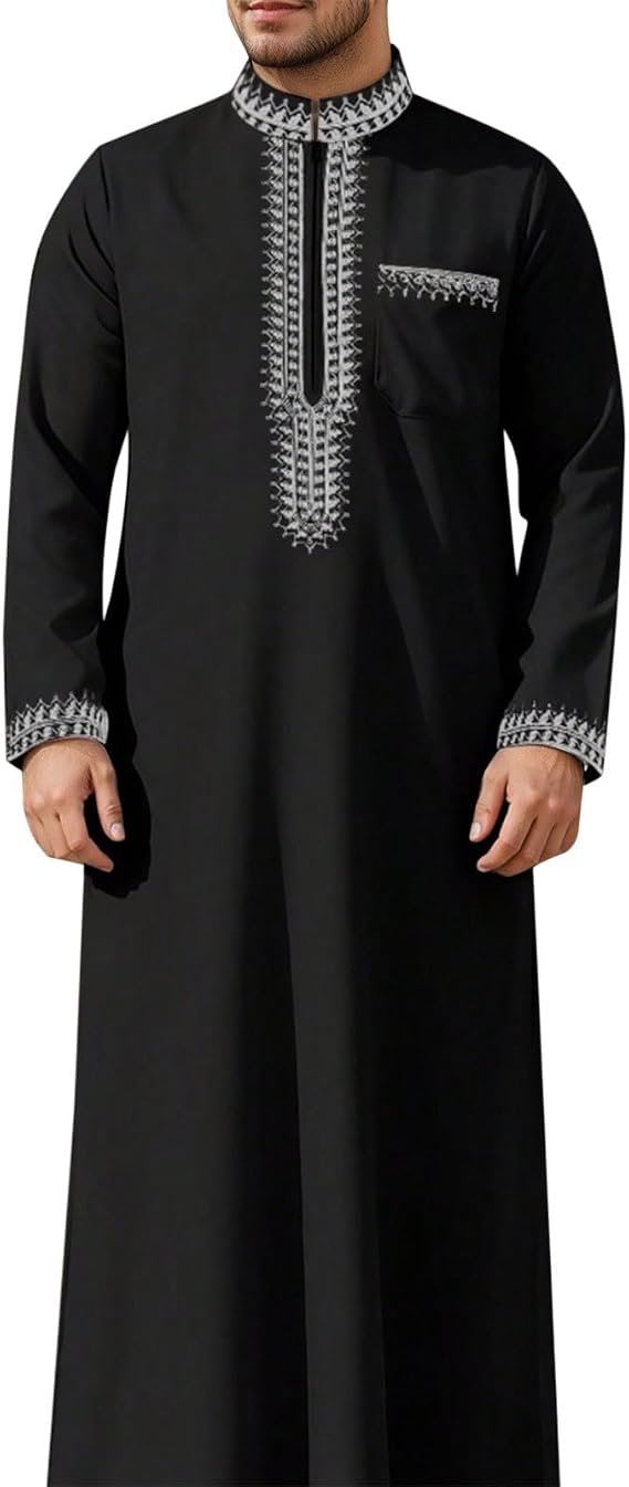 Kaftan Men Long Sleeve Embroidery Muslim Arabic Thobe Stand Collar Big and Tall Islamic Abaya Robe Thawb Moroccan Caftan