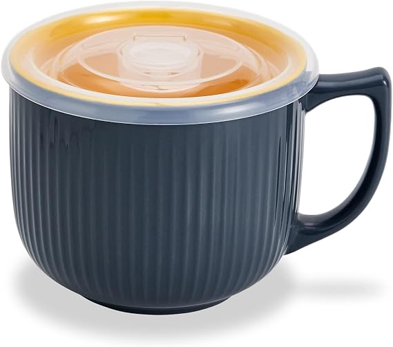 Ceramic Soup Bowl with Handle – Large 900ml Microwave Soup Mug with Lid, Soup Container & Cup for Cereal, Oatmeal, Ramen, Noodle, Porridge, Housewarming Gift - (Grey)
