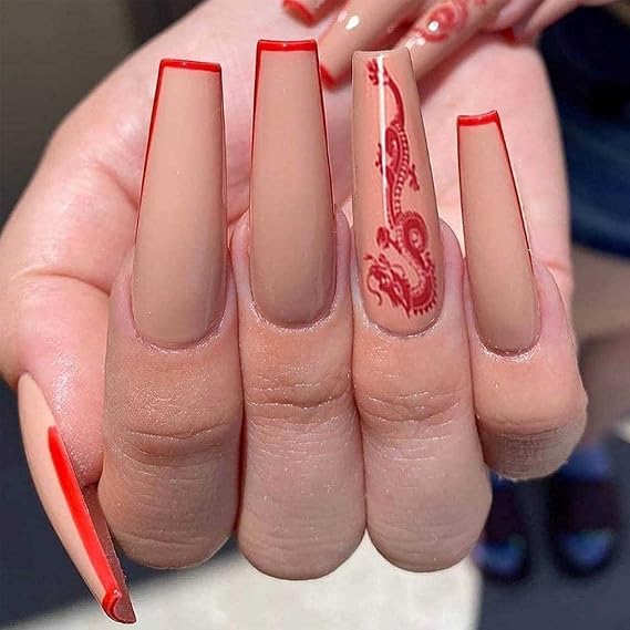 Press on Nails Coffin French Long Fake Nails Acrylic Full Cover V False Nails for Women and Girls (Long 3)