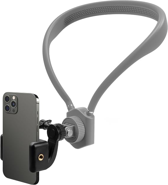 Neck Mount for Phones, Hands Free POV/Vlog Filming, Neck Cell Phone Holder for Recording Cooking Riding Outdoor, Content Creator Essentials Compatible with iPhone Android Smartphones (Gray)