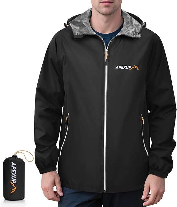 APEXUP Packable Rain Jacket Men Waterproof Lightweight Raincoat with Hood