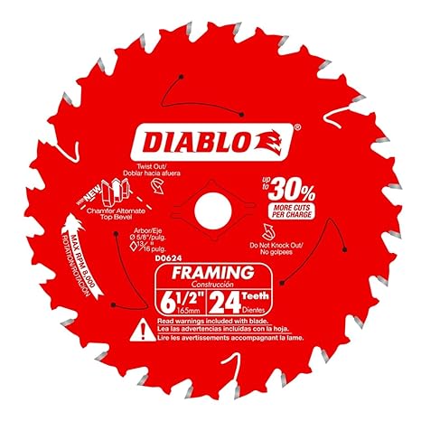 Diablo Framing Saw Blade for Wood - 6-1/2" Dia, 24 ATB Teeth, 5/8" Arbor