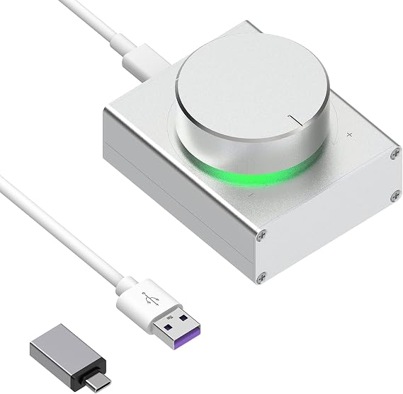 Geekria Audio Control Knob Metal Volume Control PC/Phone Volume Control with Mute USB and USB-C for Win 7/8/10 macOS & Android Gaming & Office (Silver)