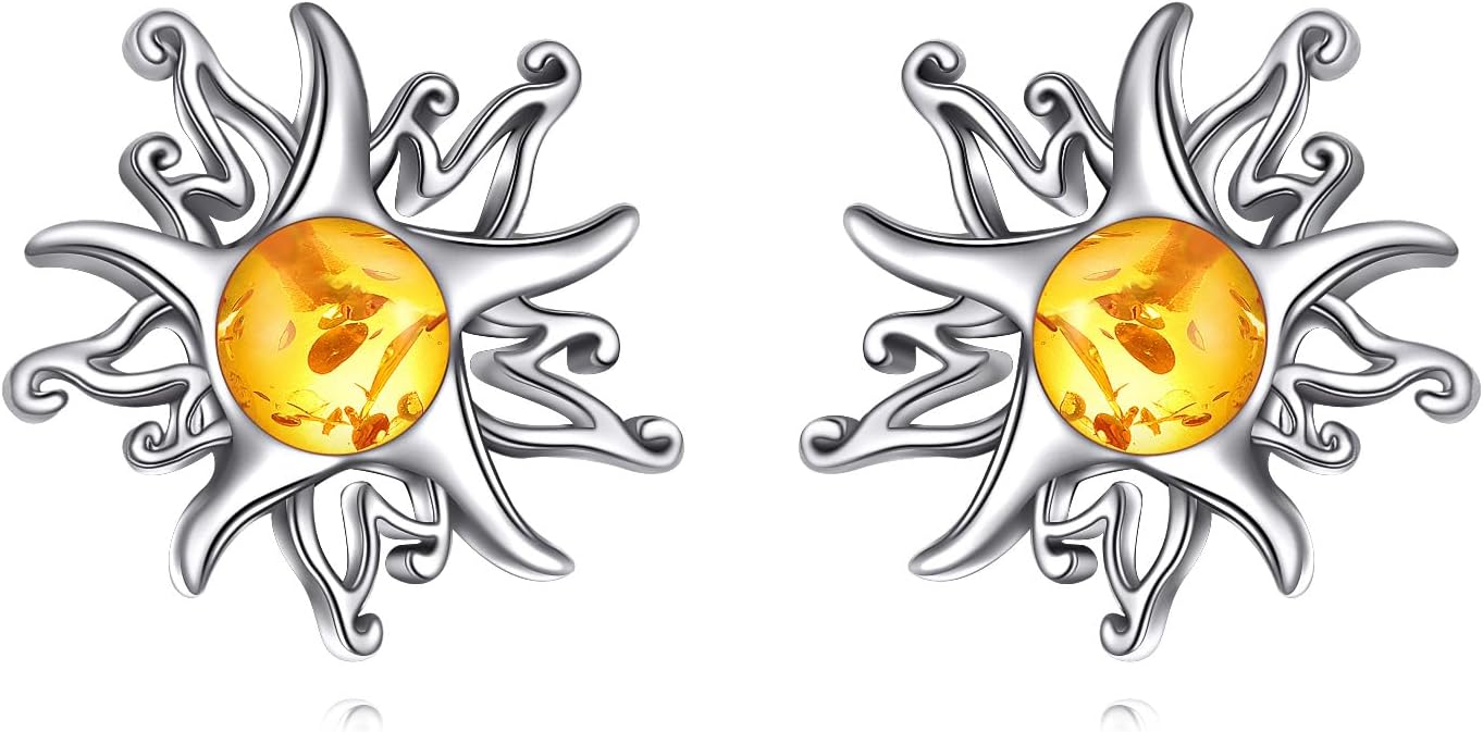 925 Sterling Silver Sun Earrings Obsidian/Amber Stud Earrings Black Sun Jewelry Birthday Present for Women Wife Friends
