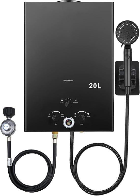 Tankless Propane Water Heater - 5.26GPM 20L, Outdoor Portable Gas Instant Hot Water Heater with Digital Display and Multi-Protection for Camping Trips, Boat Cabins