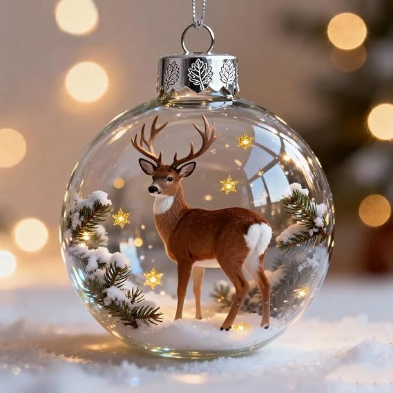 2026 Wildlife Wonders Collection Crystal Glass Ornament, Handcrafted 3D Animal Christmas Tree Decorations, 2.75" Luxury Glass Ball with Sparkling Stars, Nature-Inspired Holiday Tree(Deer)
