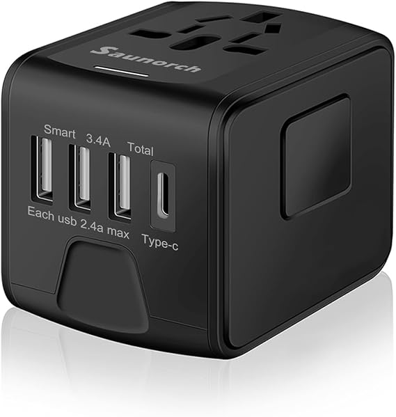 Universal International Travel Power Adapter, AC Outlet | High Speed 2.4A USB & 3.0A Type-C Charger for Europe UK US AU Asia, Black