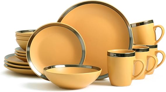 Bestone 16 Piece Round Kitchen Dinnerware Sets,Plates and Bowls sets,Dishes, Plates, Bowls, Mugs, Dish Set,Plates and Bowls,Service for 4, Stoneware (round, green and gold rim)