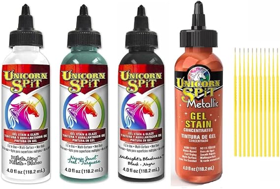 Unicorn SPiT Gel and Glaze Stain Desert Canyon Collection: 4, 4oz. Bottles with Trebbies Detail Sticks (White Ning, Navajo Jewel, Midnight's Blackness, Athena Copper)