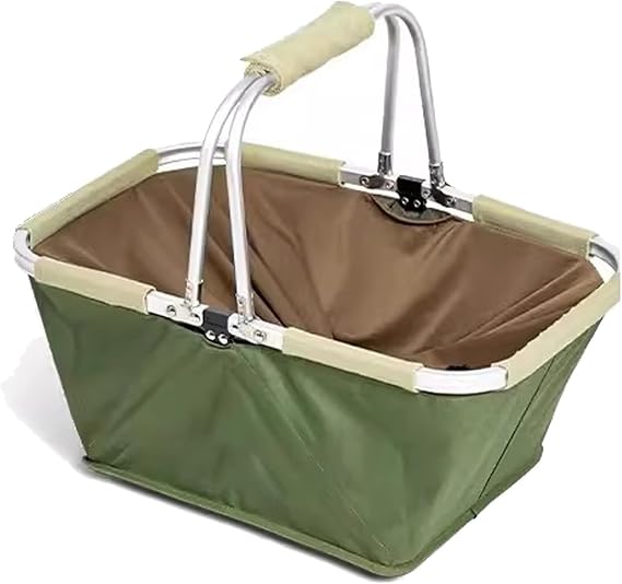 Collapsible Picnic Basket Large Capacity, Lightweight & Durable, with Handles, Dustproof & Waterproof, Reusable Tote for Grocery, Camping, BBQ, Outdoor, or Storage (Green)
