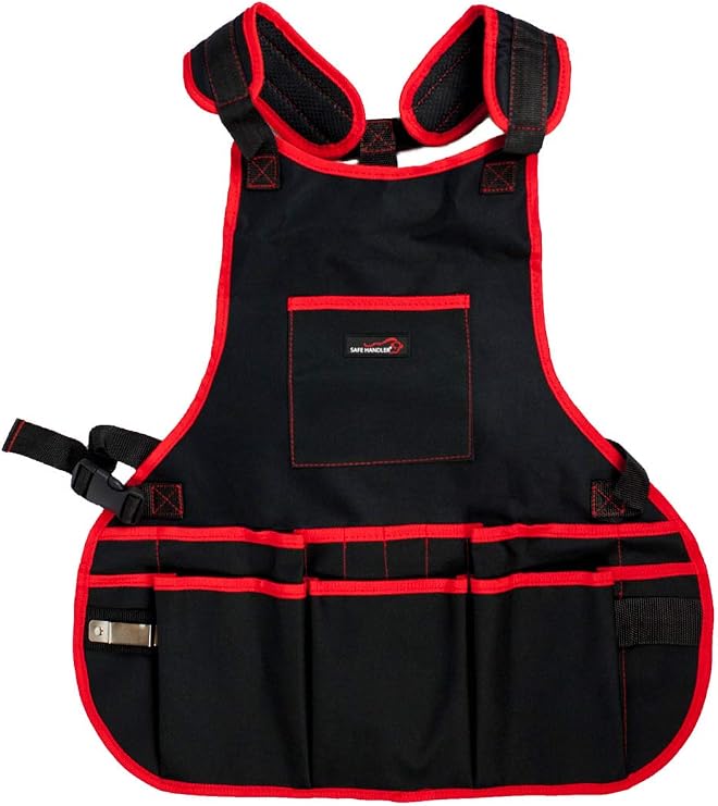 SAFE HANDLER Professional 16 Pocket Tool Apron | Durable Waterproof 600D Black Canvas, Fully Adjustable Double Straps, Spacious Tool Pockets, 2 hammer loops, metal measuring tape holder