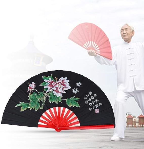 Chinese Fan Tai Chi Kung Fu Folding Fan Martial Arts Kung Fu Bamboo Silk Fan Right Hand Wushu Dance Pratice Training(Black)