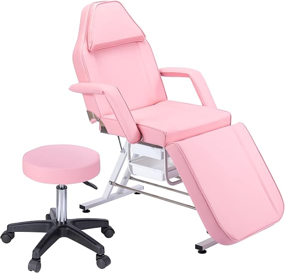 Massage Salon Tattoo Chair with Two Trays Esthetician Bed with Hydraulic Stool Multi-Purpose 3-Section Facial Bed Table Adjustable Beauty Barber Spa Beauty Equipment Pink