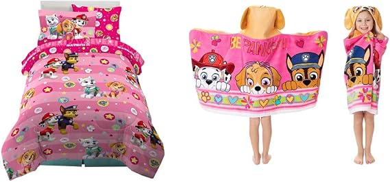 Franco Paw Patrol Girls Bedding Super Soft Comforter, Sheet Set and Hooded Towel for Twin Size Bed