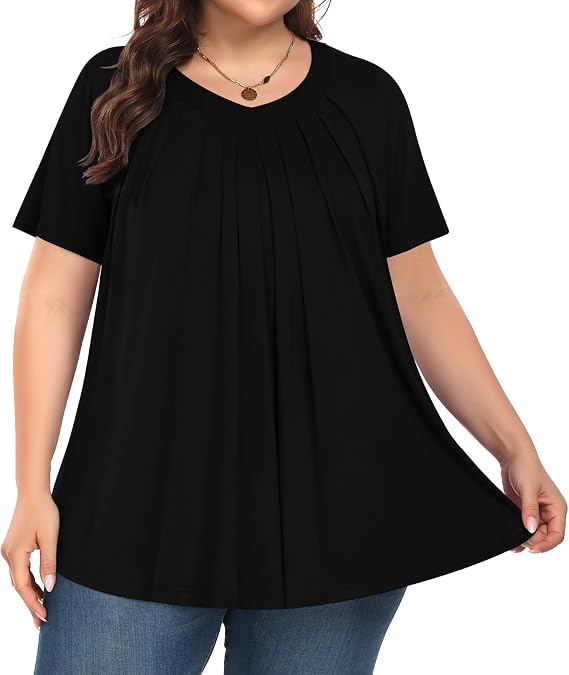 Tencede Womens Plus Size Tops Short Sleeve Shirts V Neck Casual Loose Fit Summer Tunic Blouses