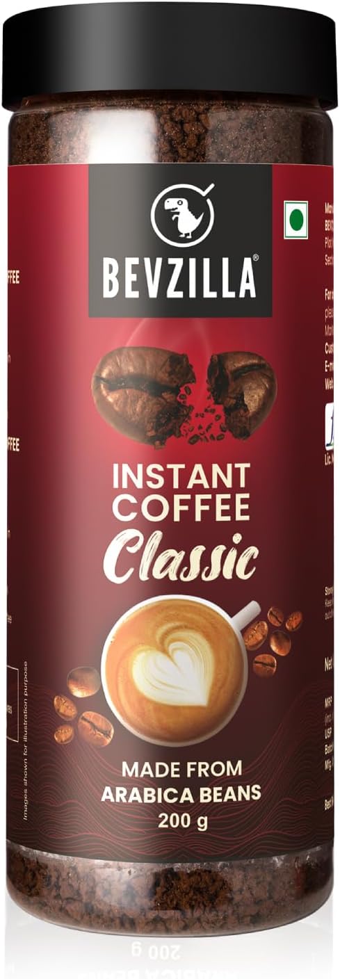 Bevzilla Classic Instant Coffee Powder Jar - 200g | Arabica Coffee | Best for Espresso, Latte & Cappucino | Hot & Cold Brews | Makes upto 100 Cups | No added preservatives