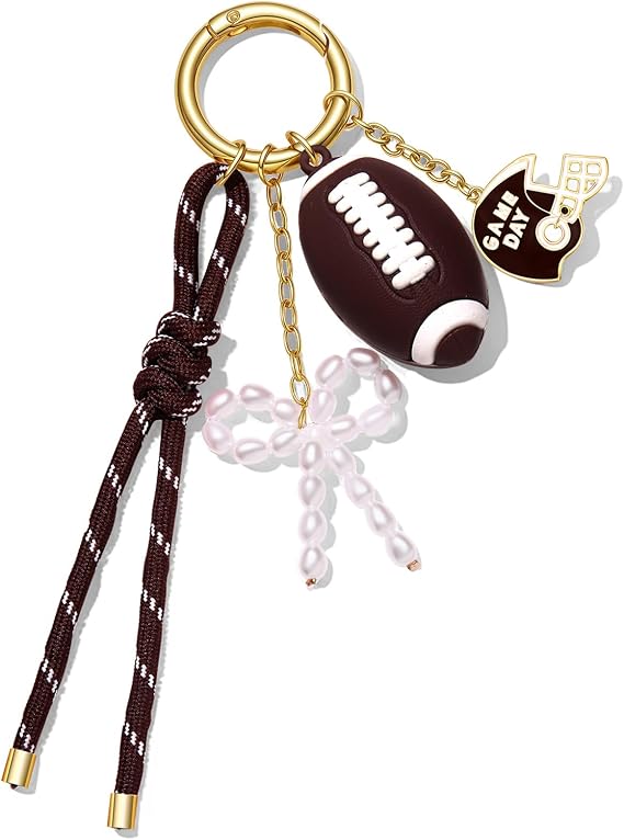 Football Bag Charms Keychain for Women Men Pearl Bow Nylon Rope Rugby Purse Charms Football Cheer Mom Accessories Gears Gifts