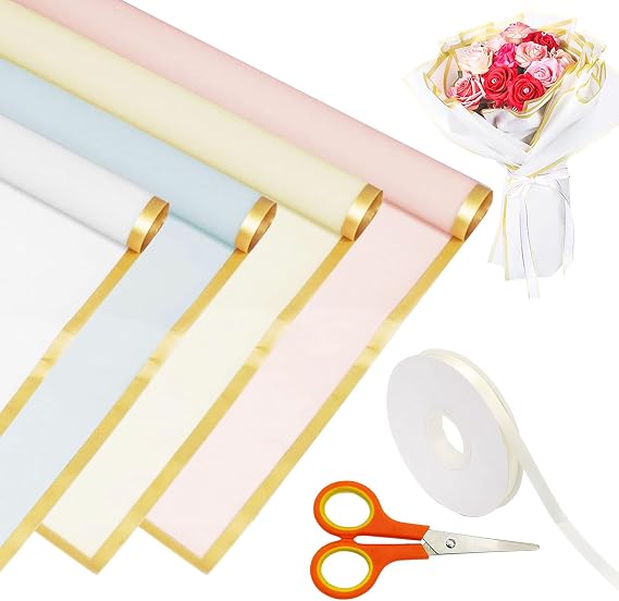 Flower Wrapping Paper, 40 Sheets Bouquet Wrapping Paper with Gold Border Design, Includes Ribbon and Scissors, Waterproof Floral Gift Wrap Paper, Suitable for DIY Flower Arrangements and Gift Wrapping