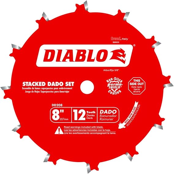 Diablo Carbide Stacked Dado Saw Blade Set - 2 Blades, 2 Wing Chippers, Shims and Carrying Case - 8" Diameter, 12 Teeth, 5/8" Arbor,5 Hook Angle, 9000 Max RPM - DD208H