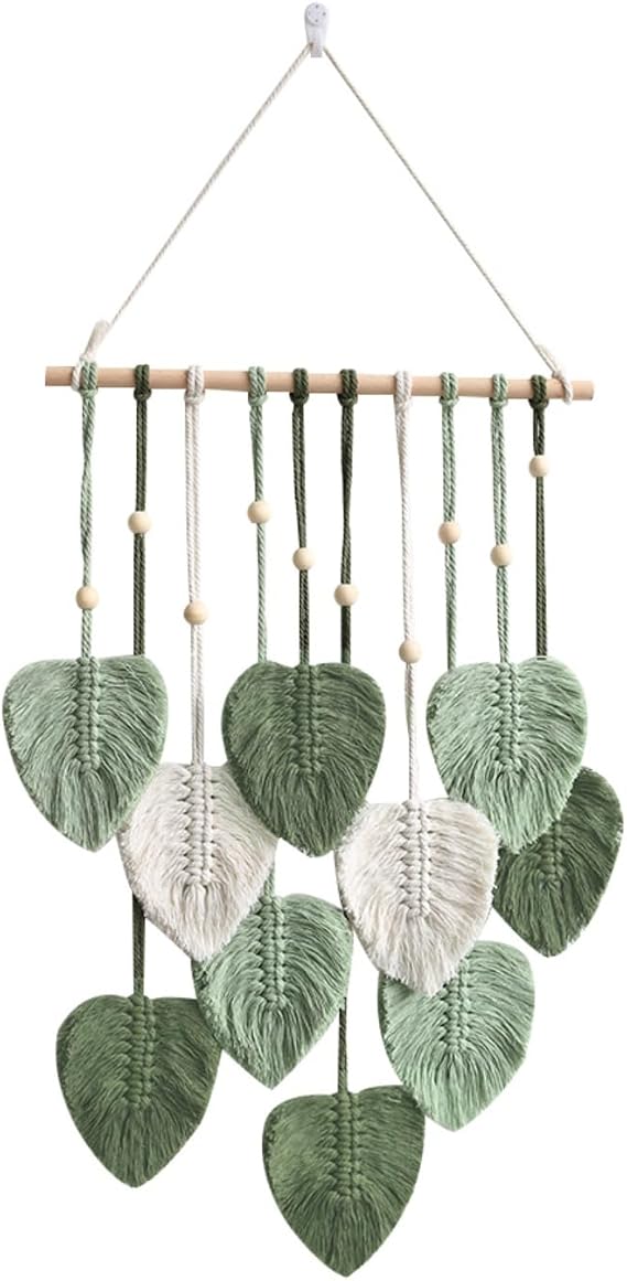 Avoik Macrame Wall Hanging Leaf Boho Home Decor, Chic Woven Feather Tapestry Bohemian Wall Decoration Handmade Wall Art for Bedroom Living Room Apartment Gift, Green Leaf