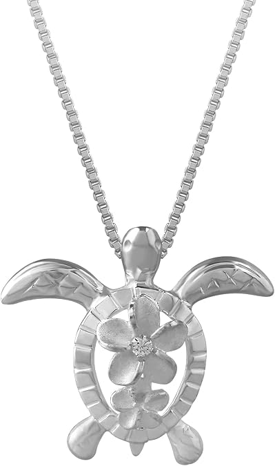 Sterling Silver Turtle Plumeria Pendant Necklace, 16+2" Extender