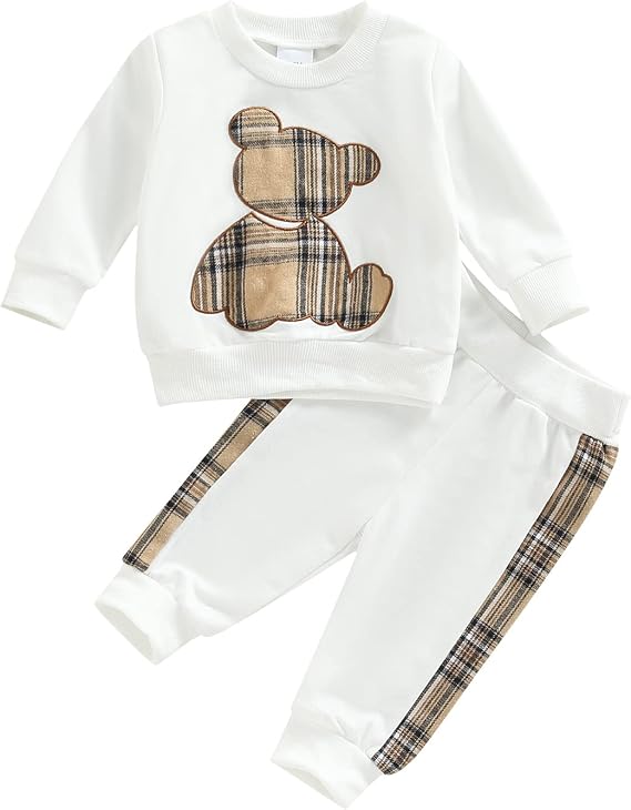 Geagodelia 2Pcs Baby Boy Girl Outfit Checked Bear Clothes Set Newborn Clothing Sweatshirt Long Sleeve Top + Pants Autumn Winter Baby Grows 0-24 Months