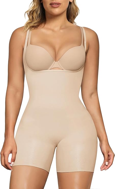 SHAPERX Open Bust Shapewear Bodysuit for Women, Tummy Control Body Shaper, Mid-Thigh Seamless Compression Shorts, Butt Lifting & Thigh Smoothing Shapewear with Adjustable Straps