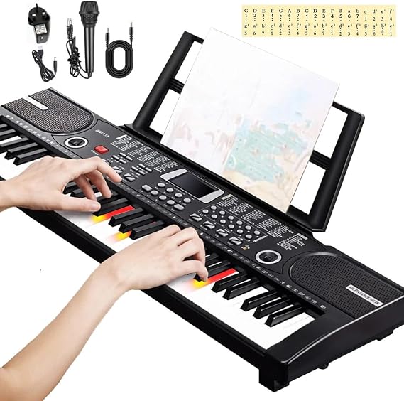 Keyboard Piano 61 Keys Electronic Keyboard Piano Portable Digital Piano with Lighted Keys, Music Sheet Stand, Microphone, Piano Note Stickers, 60 Demo Songs and 100 Instrument Voices for Kids