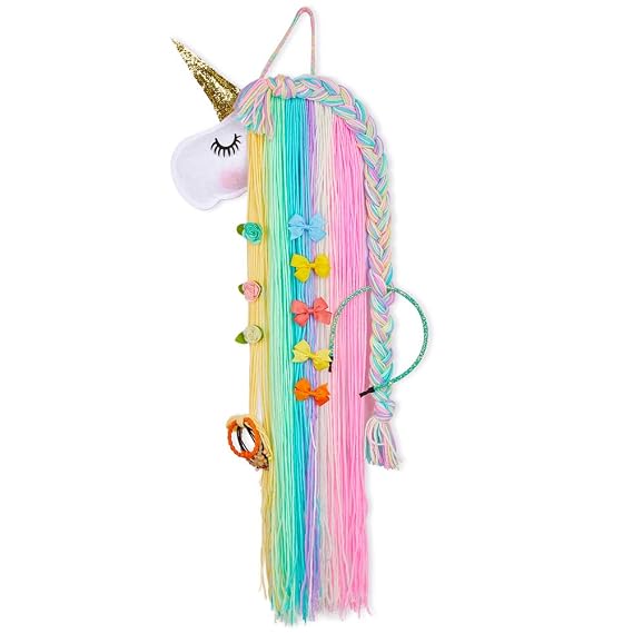 Basumee Unicorn Hair Bow Holder, Wall Hanging, Yarn Tassel Girls Room Decor | Hair Clip Organizer, Handmade Braided Hanger, Large Capacity for Baby Shower, Birthday, Kids Toddler Hair Accessories Storage