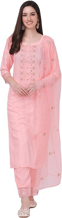 TRENDMALLS Women's Cotton Embroidery Work Kurta Pant with Dupatta