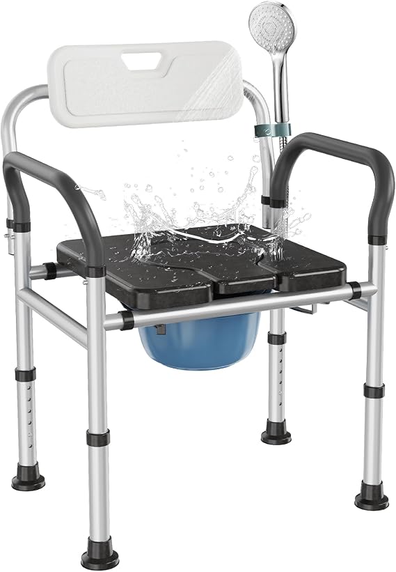 Bedside Commode, Adults Potty Chair Height Adjustable Padded Seat,350lbs | Raised Toilet Seat with Arms Handles and Back Support for Elderly, Portable Bedside Toilet with Bucket