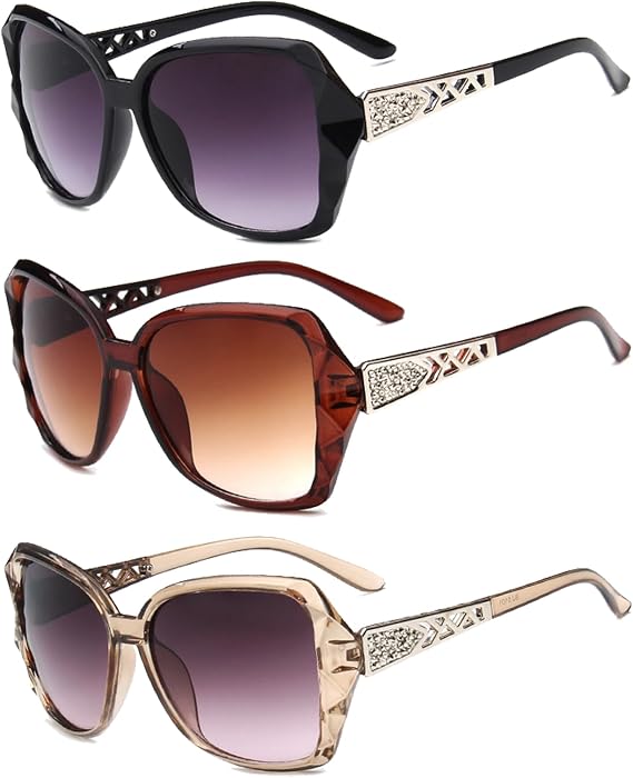 3 Pcs Women Sunglasses, Women Large Sunglasses Vintage Fashion Ladies Sunglasses UV400 Oversized Sun Glasses Eyewear Retro Trendy Ladies Sunglases Sparkling Large Frame SungLasses for Women