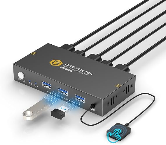 KVM Switches 2 Port 8K@60Hz, GREATHTEK KVM Switch HDMI Share USB Devices with 3 USB3.0 Hubs, 2 Computers 1 Monitor Share Keyboard Mouse Printer, Button Switch Desktop Remote Control, Plug and Play