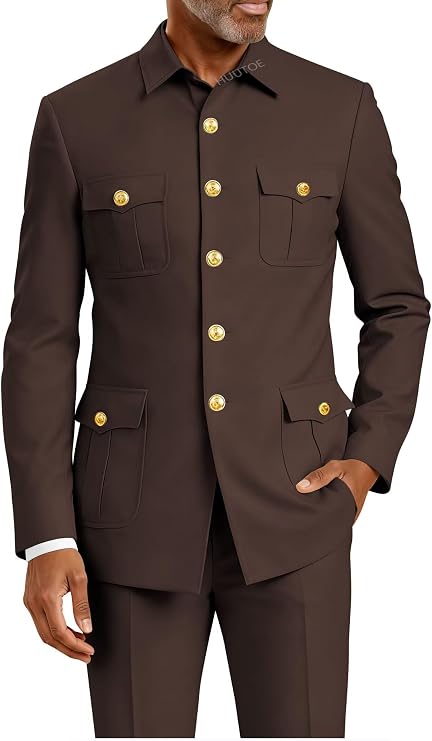 HUUTOE African Mens Safari Suits Regular Fit 2 Piece Stand Collar Chinese Suit for Wedding Men 4 Pocket Blazer Pants Set