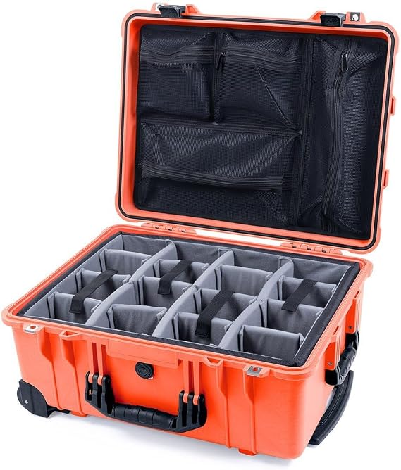 Pelican Protector 1560 Case by ColorCase - Orange - Waterproof Case with Gray Padded Microfiber Dividers & Mesh Lid Organizer - Black Handles & Latches