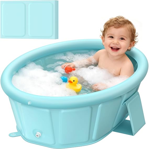 Baby Bathtub with Inflatable Top Edge, Extra Stable Infant Bath Tub, Collapsible & Portable for Baby Bath Time, No Tilt Design for 12M-6Y Toddler, No Assembly for Travel Shower